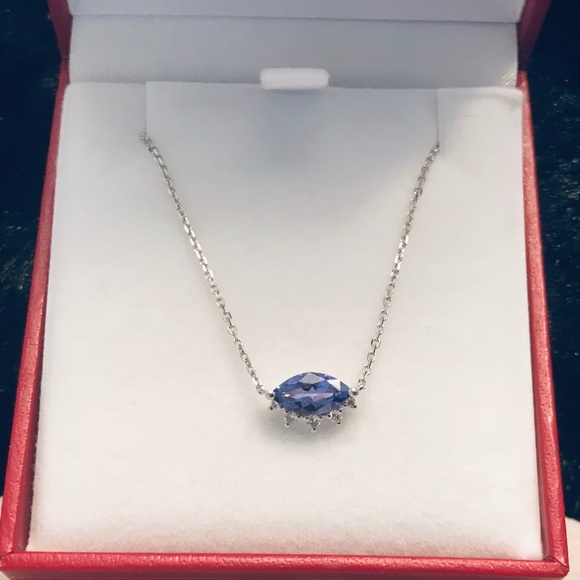 Solid 10K White Gold Tanzanite & Diamond Eye Necklace - Picture 2 of 10
